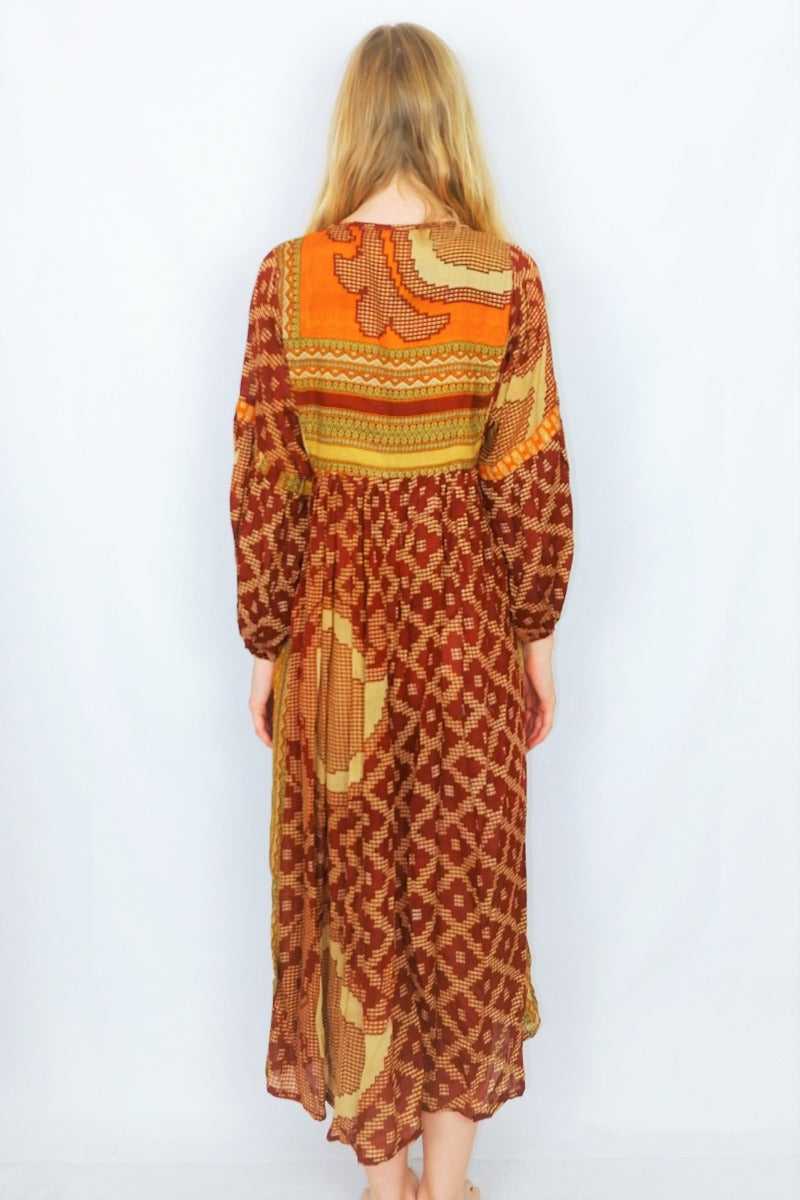 Daisy Midi Smock Dress - Vintage Indian Cotton - Gingerbread & Beige Tapestry - XS/S