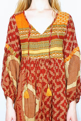 Daisy Midi Smock Dress - Vintage Indian Cotton - Gingerbread & Beige Tapestry - XS/S