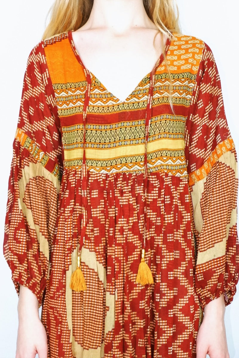 Daisy Midi Smock Dress - Vintage Indian Cotton - Gingerbread & Beige Tapestry - XS/S