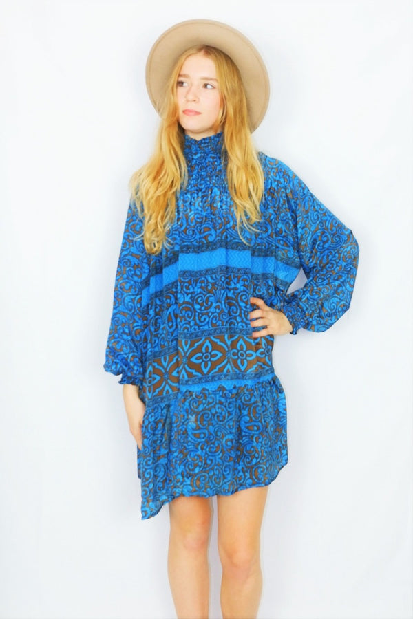 Mona Mini Dress - Vintage Indian Sari - Blue & Bronze Floral - Free Size by All About Audrey