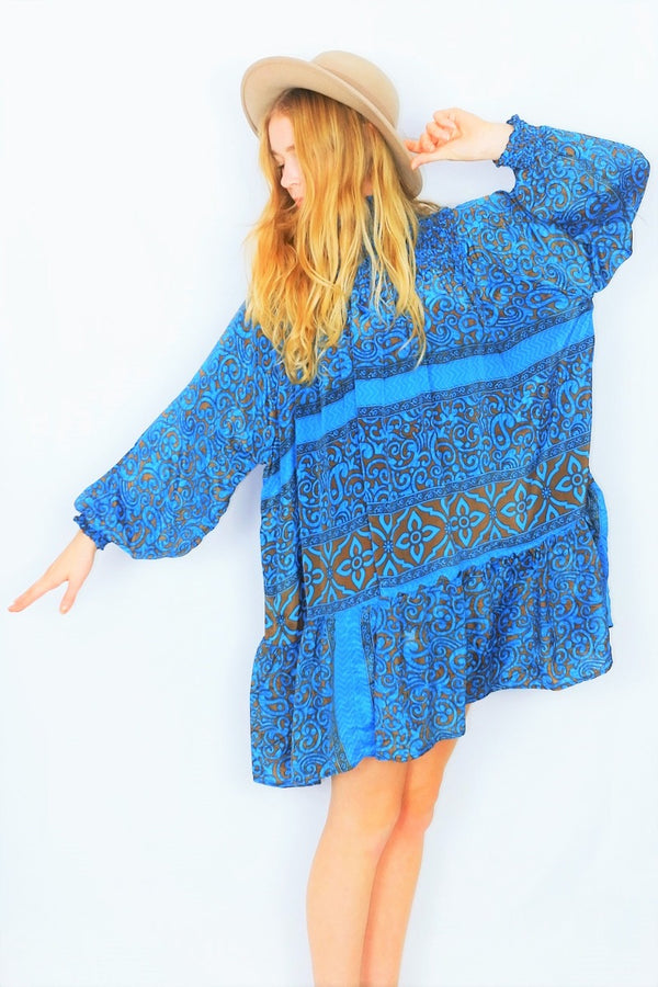 Mona Mini Dress - Vintage Indian Sari - Blue & Bronze Floral - Free Size by All About Audrey