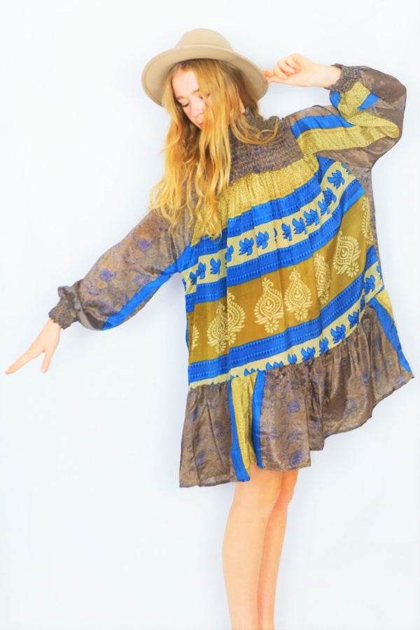 Mona Mini Dress - Vintage Indian Sari - Walnut Gold & Teal - Free Size by All About Audrey