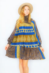 Mona Mini Dress - Vintage Indian Sari - Walnut Gold & Teal - Free Size by All About Audrey