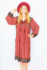 Daphne Smock Dress - Vintage Indian Sari - Mulberry & Jade Geometric Print - M/L by all about audrey