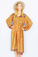 Daphne Smock Dress - Vintage Indian Sari - Golden Sun & Plum Motif - M/L All About Audrey