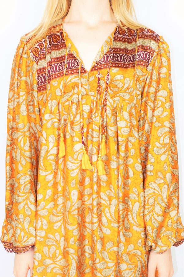 Daphne Smock Dress - Vintage Indian Sari - Golden Sun & Plum Motif - M/L All About Audrey