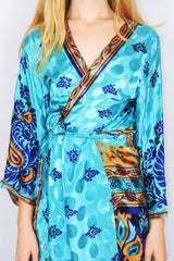 Gemini Kimono - Dazzling Turquoise, Navy & Gold Paisley Crests - Vintage Indian Sari - M/L by All About Audrey