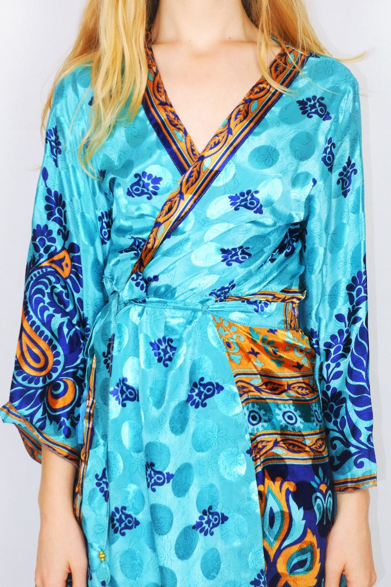 Gemini Kimono - Dazzling Turquoise, Navy & Gold Paisley Crests - Vintage Indian Sari - M/L by All About Audrey