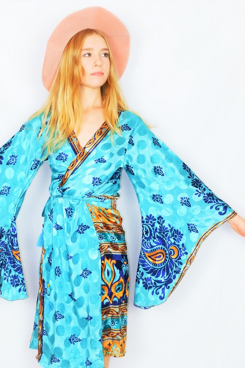 Gemini Kimono - Dazzling Turquoise, Navy & Gold Paisley Crests - Vintage Indian Sari - M/L by All About Audrey