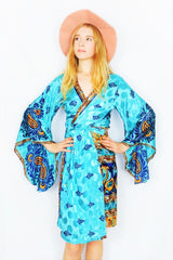 Gemini Kimono - Dazzling Turquoise, Navy & Gold Paisley Crests - Vintage Indian Sari - M/L by All About Audrey