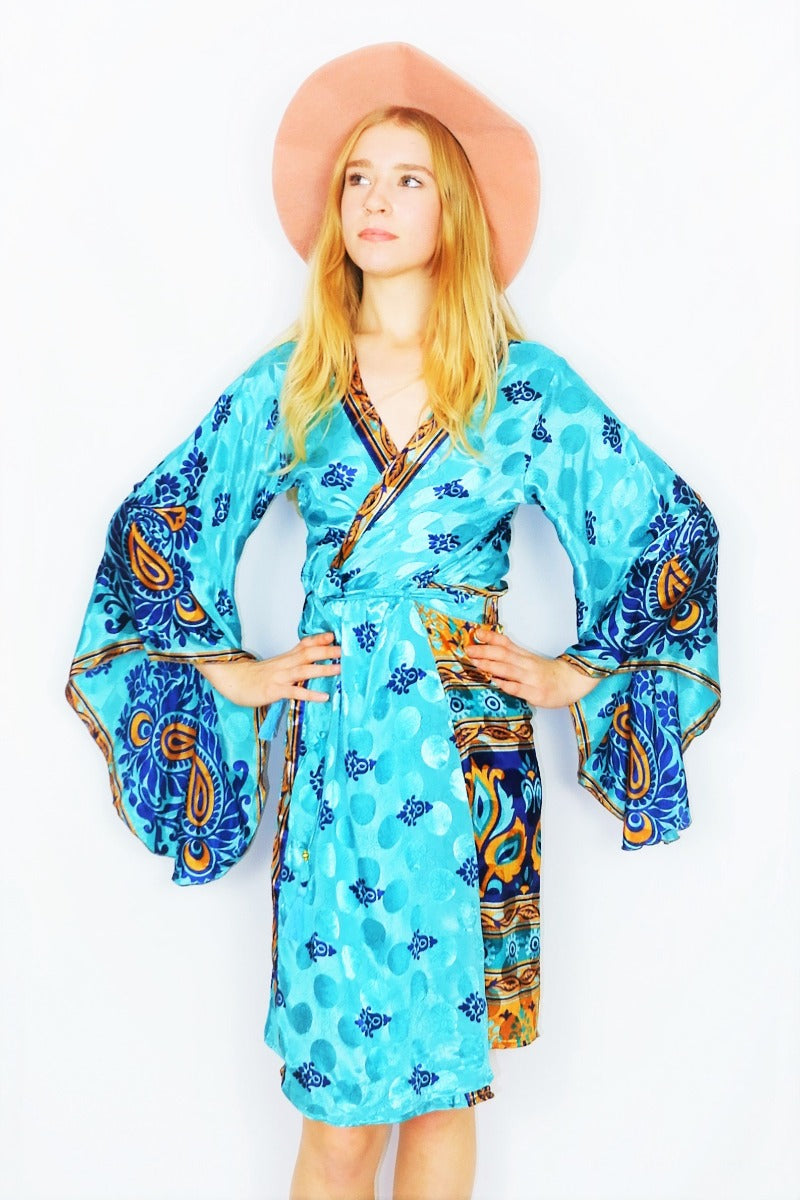 Gemini Kimono - Dazzling Turquoise, Navy & Gold Paisley Crests - Vintage Indian Sari - M/L by All About Audrey