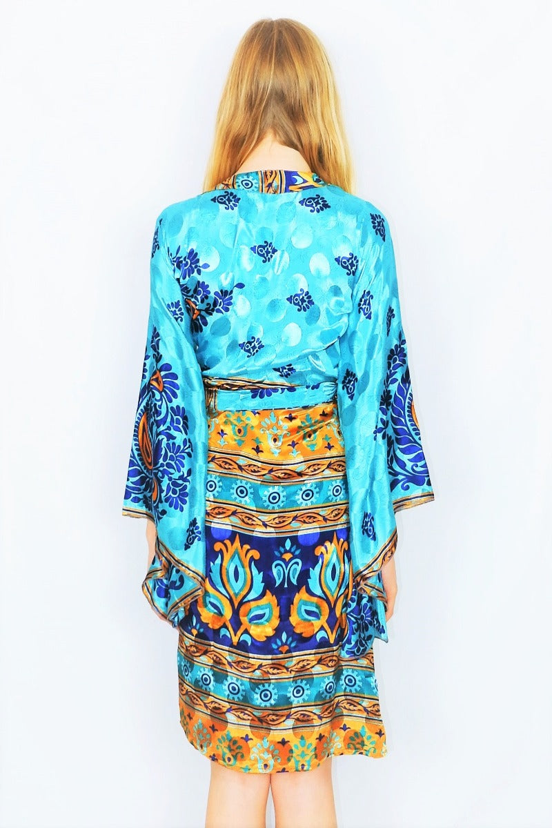 Gemini Kimono - Dazzling Turquoise, Navy & Gold Paisley Crests - Vintage Indian Sari - M/L by All About Audrey