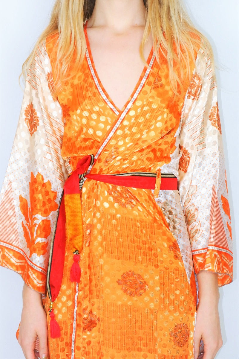 Gemini Kimono - Ivory & Pale Orange Floral Shimmer - Vintage Indian Sari - XS by All About Audrey