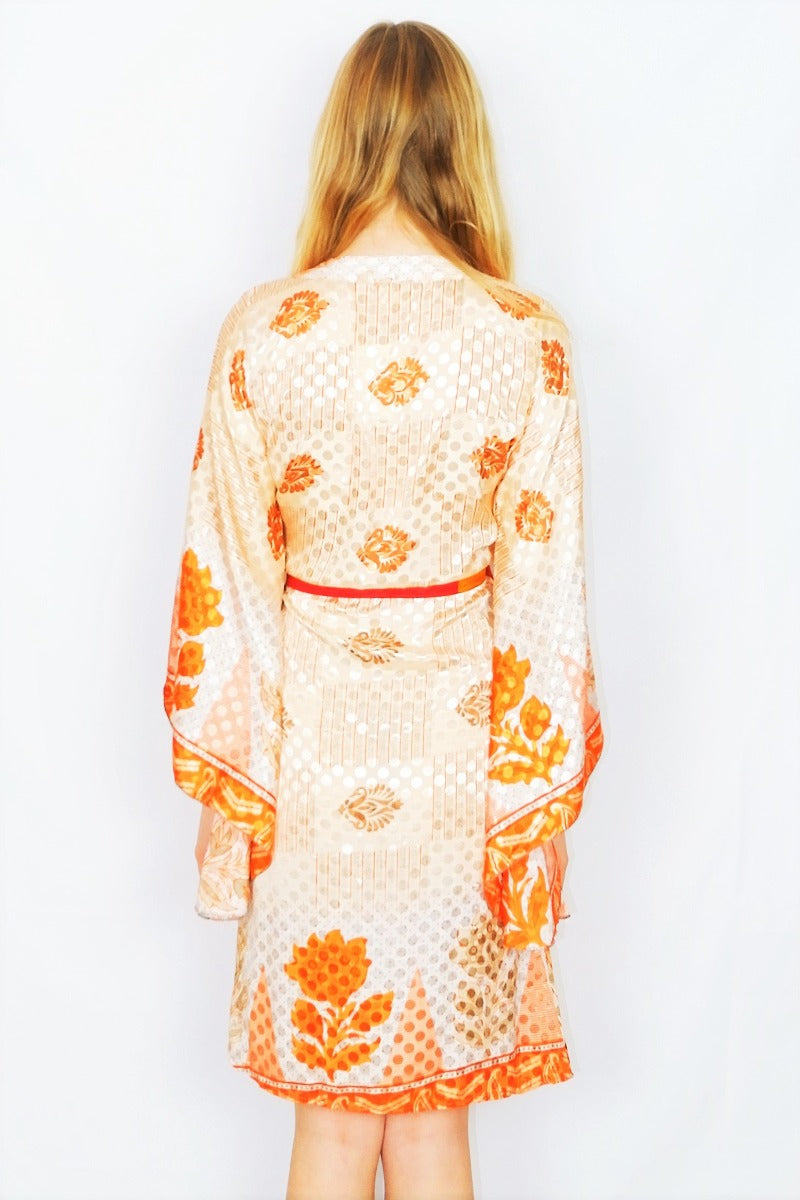 Gemini Kimono - Ivory & Pale Orange Floral Shimmer - Vintage Indian Sari - XS by All About Audrey