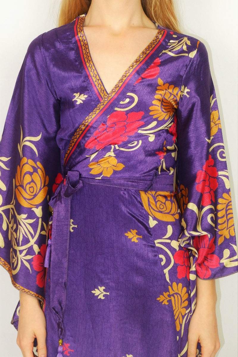 Gemini Kimono - Mauve with Bold Florals - Vintage Indian Sari - XS by All About Audrey