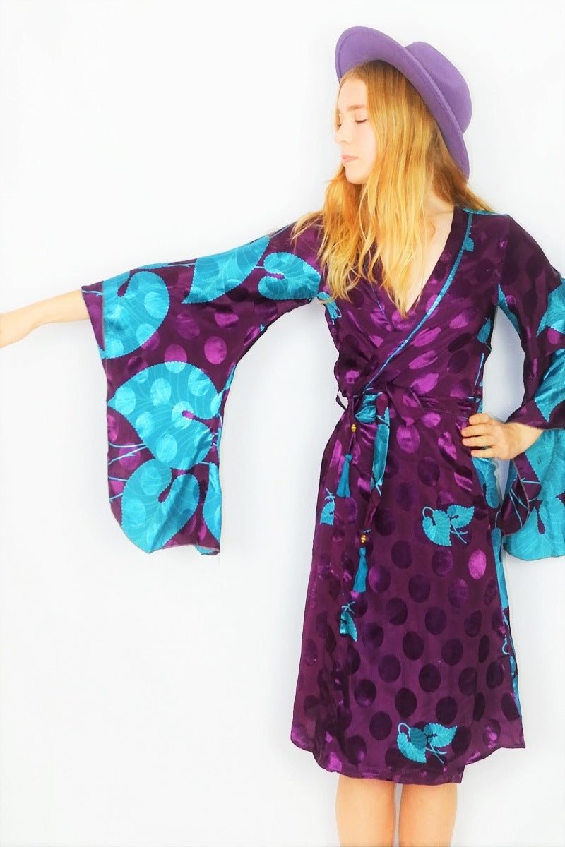 Gemini Kimono - Aubergine & Icy Blue Shimmer - Vintage Indian Sari - XS by All About Audrey