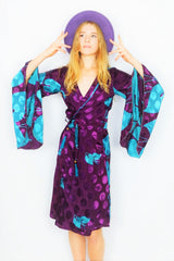 Gemini Kimono - Aubergine & Icy Blue Shimmer - Vintage Indian Sari - XS by All About Audrey