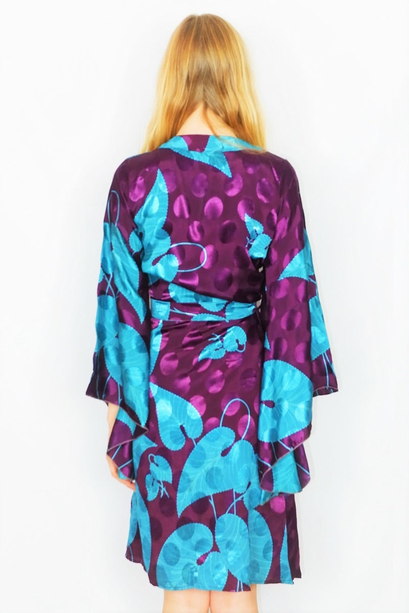Gemini Kimono - Aubergine & Icy Blue Shimmer - Vintage Indian Sari - XS by All About Audrey