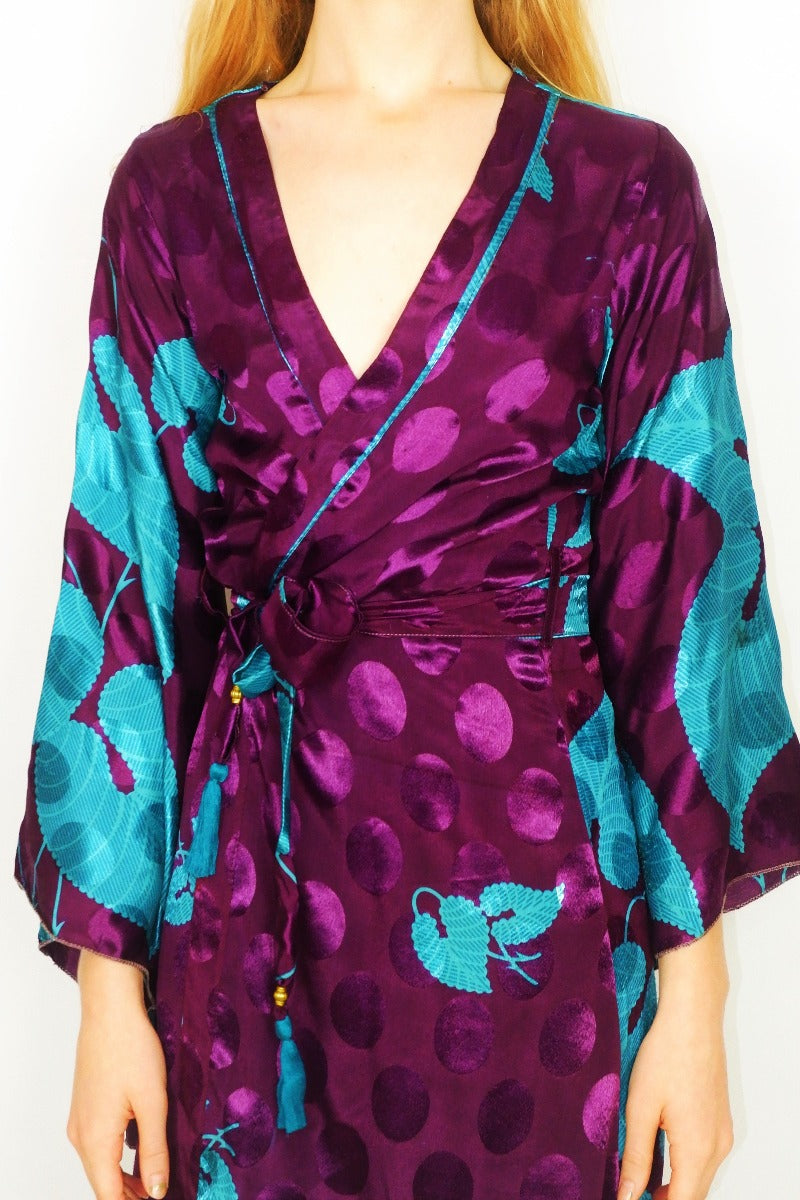 Gemini Kimono - Aubergine & Icy Blue Shimmer - Vintage Indian Sari - XS by All About Audrey