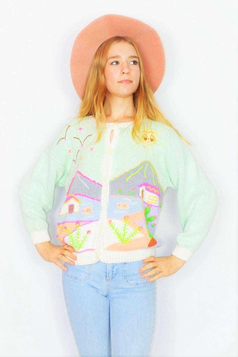 Vintage Knitted Cardigan - Pastel Whimsey - Size L
