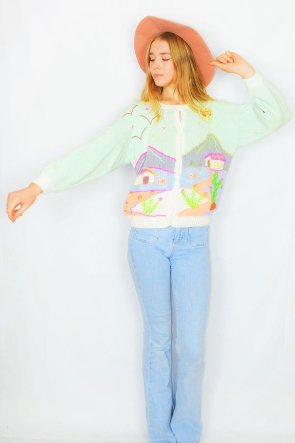 Vintage Knitted Cardigan - Pastel Whimsey - Size L