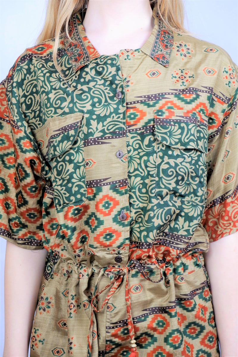 Billie Jumpsuit - Vintage Indian Sari - Olive & Burnt Orange Patchwork - M/L