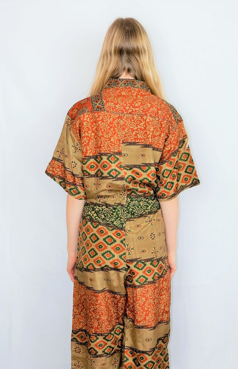 Billie Jumpsuit - Vintage Indian Sari - Olive & Burnt Orange Patchwork - M/L
