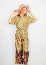Billie Jumpsuit - Vintage Indian Sari - Earth Toned & Lime Checkered Print - XL