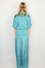 Billie Jumpsuit - Vintage Indian Sari - Icy Blue Floral Tiles - M/L