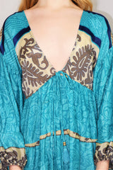 Gypsophila Midi Dress - Vintage Indian Sari - Aqua Blue & Blonde Floral Paisley - Free Size