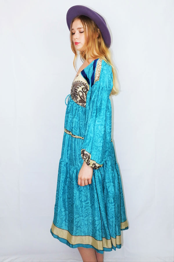 Gypsophila Midi Dress - Vintage Indian Sari - Aqua Blue & Blonde Floral Paisley - Free Size