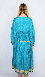 Gypsophila Midi Dress - Vintage Indian Sari - Aqua Blue & Blonde Floral Paisley - Free Size