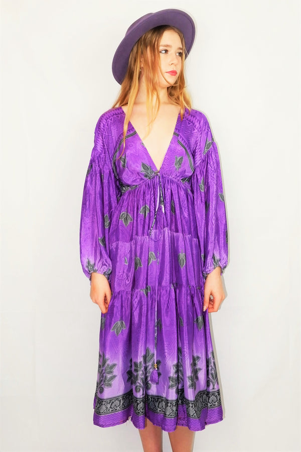 Gypsophila Midi Dress - Vintage Indian Sari - Lavender Purple Ombre - Free Size