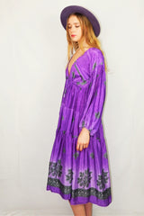 Gypsophila Midi Dress - Vintage Indian Sari - Lavender Purple Ombre - Free Size