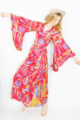 Venus Maxi Wrap Dress - Glistening Red Brush Strokes - Vintage Sari - XS - S/M by all about audrey