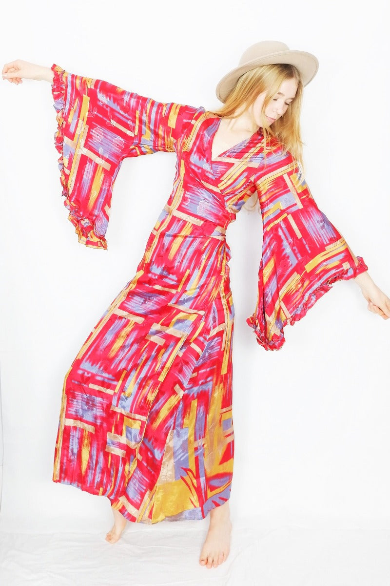 Venus Maxi Wrap Dress - Glistening Red Brush Strokes - Vintage Sari - XS - S/M by all about audrey