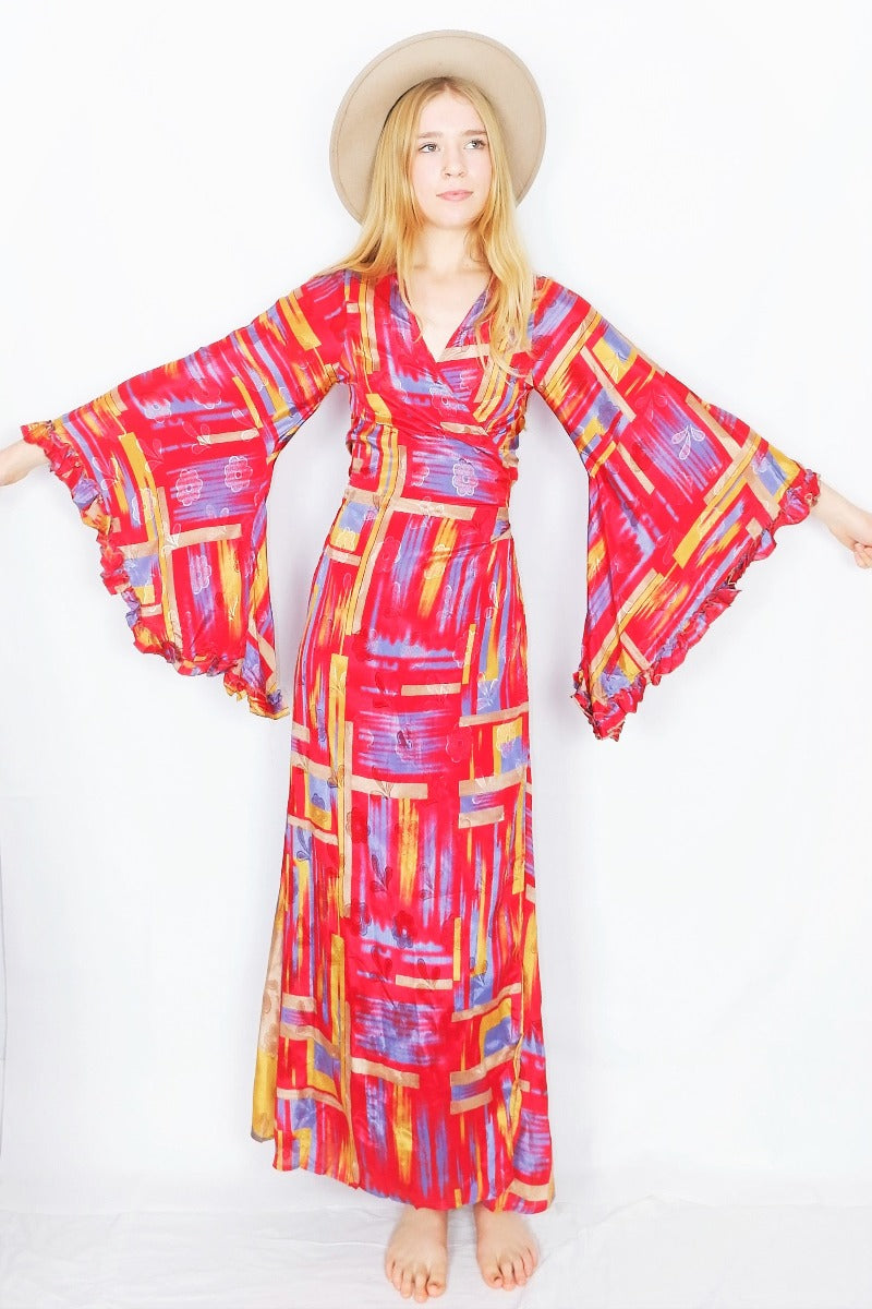 Venus Maxi Wrap Dress - Glistening Red Brush Strokes - Vintage Sari - XS - S/M by all about audrey