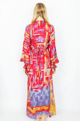 Venus Maxi Wrap Dress - Glistening Red Brush Strokes - Vintage Sari - XS - S/M by all about audrey