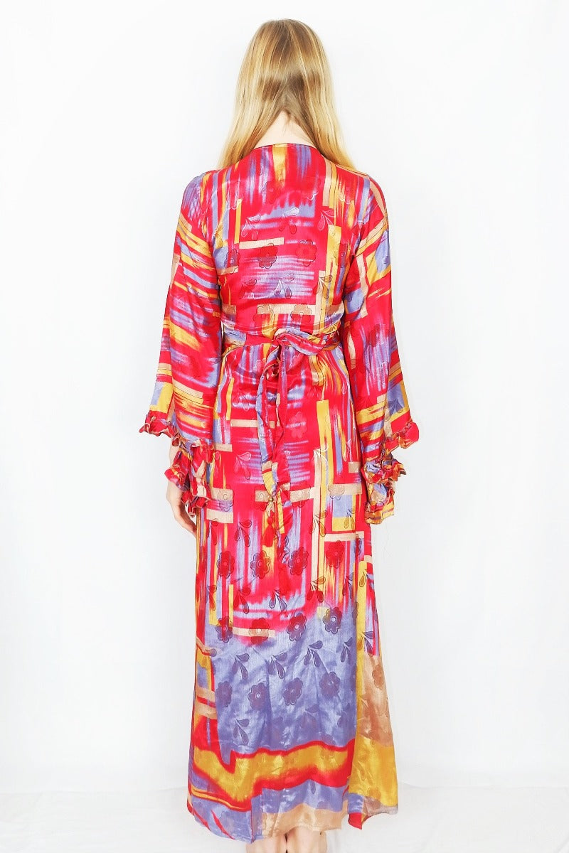 Venus Maxi Wrap Dress - Glistening Red Brush Strokes - Vintage Sari - XS - S/M by all about audrey