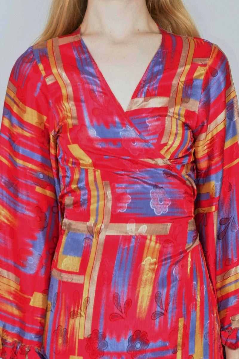 Venus Maxi Wrap Dress - Glistening Red Brush Strokes - Vintage Sari - XS - S/M by all about audrey