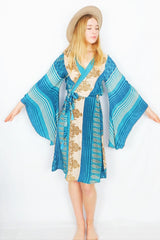 Gemini Kimono - Turquoise & Sandstone Floral Crest - Vintage Indian Sari - M/L by all about audrey
