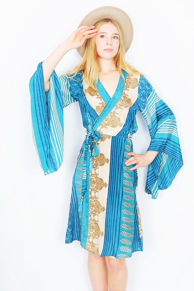 Gemini Kimono - Turquoise & Sandstone Floral Crest - Vintage Indian Sari - M/L by all about audrey
