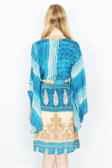 Gemini Kimono - Turquoise & Sandstone Floral Crest - Vintage Indian Sari - M/L by all about audrey