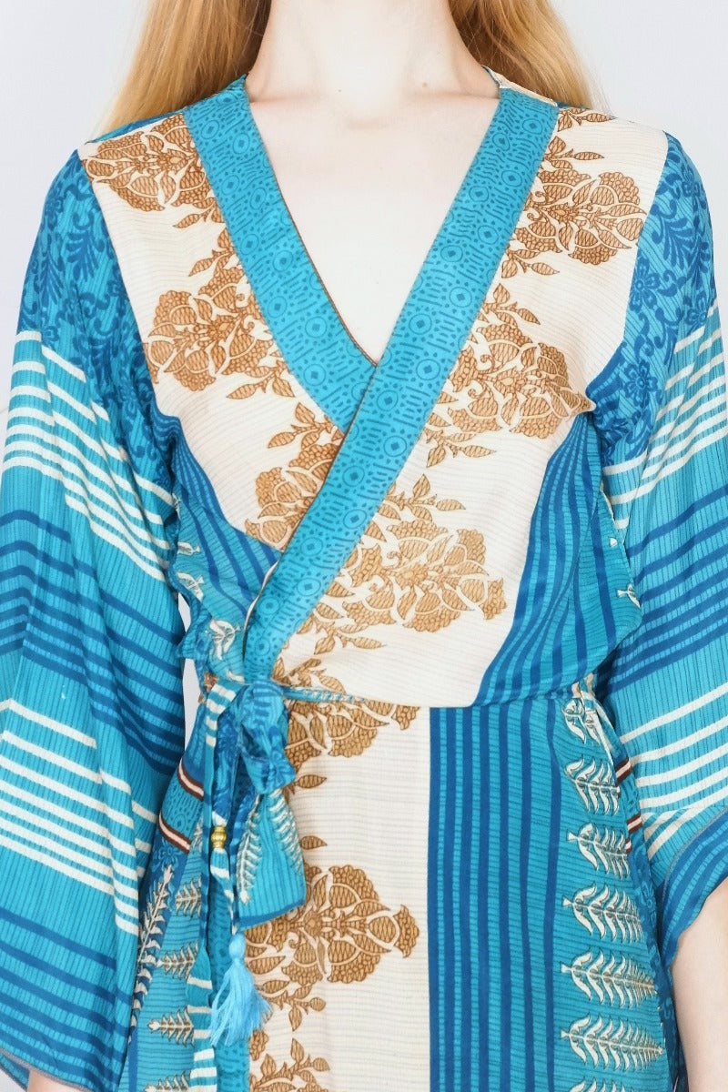 Gemini Kimono - Turquoise & Sandstone Floral Crest - Vintage Indian Sari - M/L by all about audrey