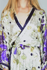 Gemini Kimono - White Gold & Amethyst Floral - Vintage Indian Sari - XXL by all about audrey