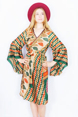 Gemini Kimono - Sand, Emerald & Amber Retro Polka Dots - Vintage Indian Sari - M/L by all about audrey
