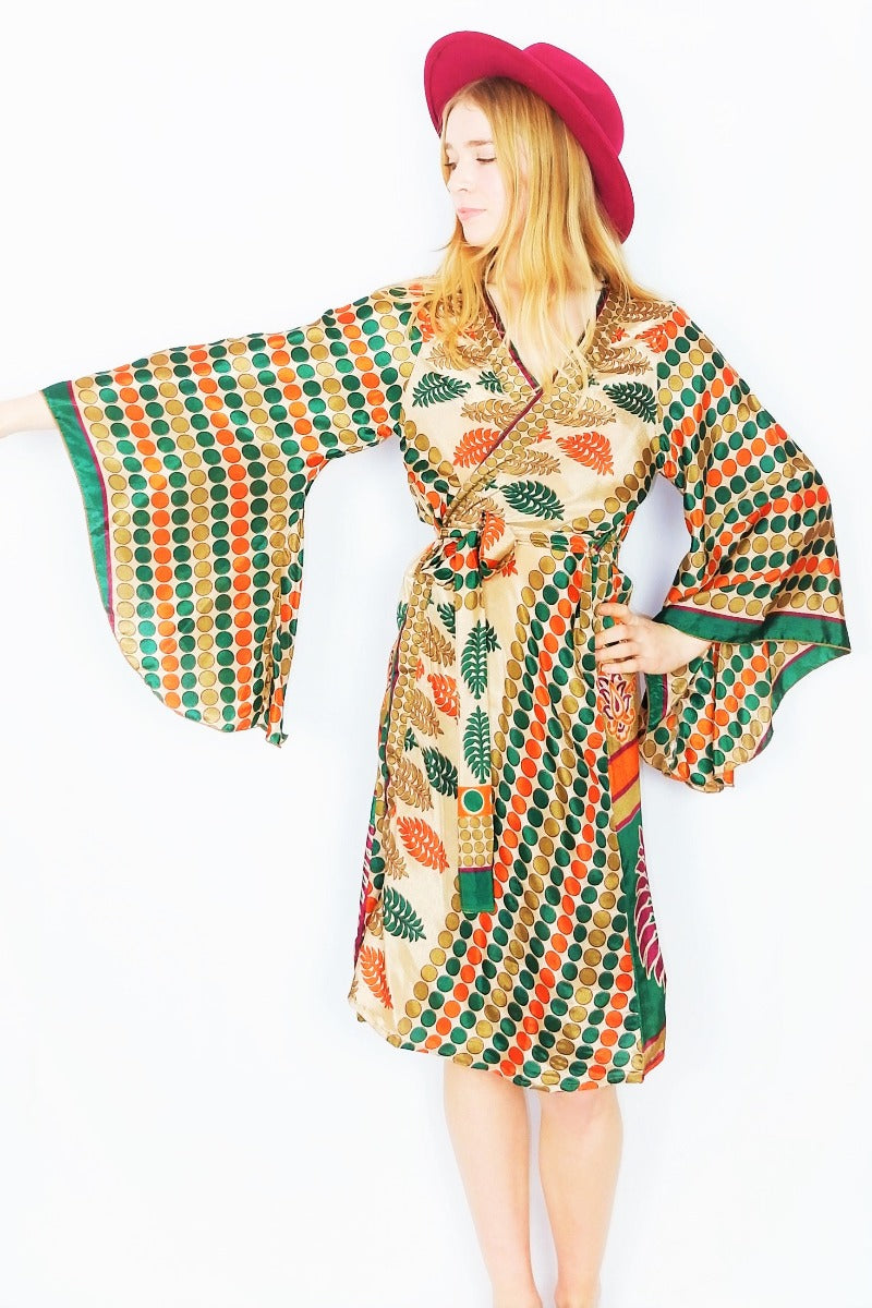 Gemini Kimono - Sand, Emerald & Amber Retro Polka Dots - Vintage Indian Sari - M/L by all about audrey