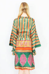 Gemini Kimono - Sand, Emerald & Amber Retro Polka Dots - Vintage Indian Sari - M/L by all about audrey