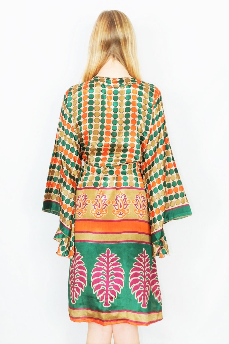 Gemini Kimono - Sand, Emerald & Amber Retro Polka Dots - Vintage Indian Sari - M/L by all about audrey