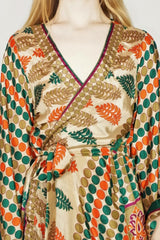 Gemini Kimono - Sand, Emerald & Amber Retro Polka Dots - Vintage Indian Sari - M/L by all about audrey